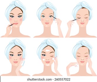 Set of fresh, beautiful woman in process of washing face. Wiping face with towel. Isolated on white.Hand-drawn like style. 