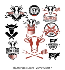 Set of fresh beef labels. Cow meat. Butcher shop. Fresh meat. Design elements for logo, label, emblem, sign, brand mark. Vector illustration.