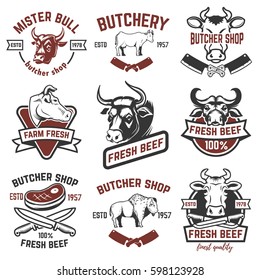 Set of fresh beef labels isolated on white background. Butcher shop. Design elements for logo, label, sign. Vector illustration.
