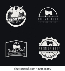 Set of fresh beef labels on dark background. Premium beef badges, icons, design elements. Vector illustration