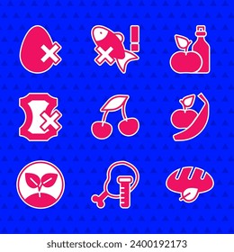 Set Fresh berries, Genetically modified chicken, Vegan bread loaf, Apple and banana, Sprout, No leather, cider vinegar in bottle and egg icon. Vector