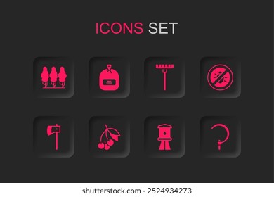 Set Fresh berries, Pack full of seeds, Fruit trees, Water tower, Stop colorado beetle, Sickle, Garden rake and Wooden axe icon. Vector