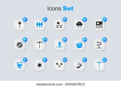 Set Fresh berries, Pickaxe, Fruit trees, Apple, Garden rake, Sprout, Shovel and Rooster weather vane icon. Vector