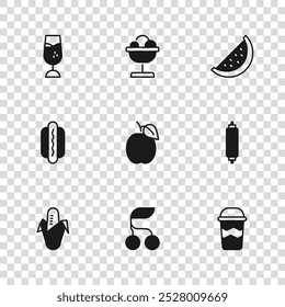 Set Fresh berries, Rolling pin, Coffee cup to go, Plum fruit, Watermelon, Wine glass, Ice cream the bowl and Hotdog icon. Vector