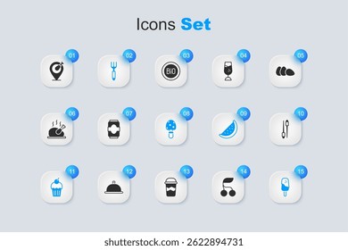 Set Fresh berries, Soda can, Fork, Muffin, Ice cream, Food chopsticks, Chicken leg and Fly agaric mushroom icon. Vector