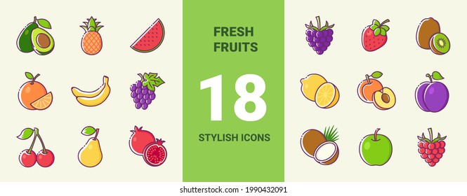 Set of fresh berries and tropical fruits color icons. Healthy diet food concept. Vector stylish flat illustrations on yellow background.