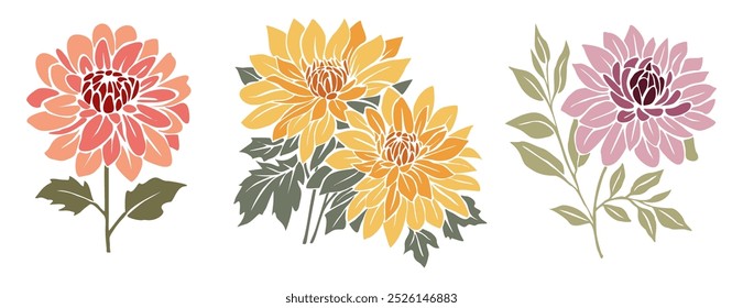 Set von frischen blühenden bunten Dahlia Blumen