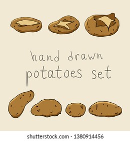set of fresh and boiled, baked, steamed or stewed potatoes. isolated vegetarian meal in hand drawn style. raw, healthy food.