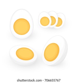 Set of fresh boiled eggs including slices, half cut pieces in flat style. Simple easy breakfast. Cooked food icon collection. Vector illustration
