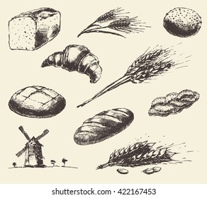 Set of fresh bread. Hand drawn vector illustration of long loaf, baguette, croissant, wheat, wind mill