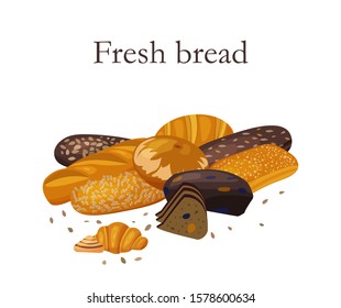 Set of fresh bread. Whole grain, wheat bread, ciabatta, croissant, french baguette, cinnamon bun, loaf,  dried fruit bread.  Isolated on white. Flat style, vector illustration.