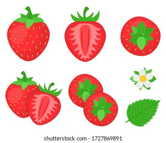 Set of fresh bright exotic whole, half strawberries and flowers isolated on white background. Summer fruits for healthy lifestyle. Organic fruit. Cartoon style. Vector illustration for any design.