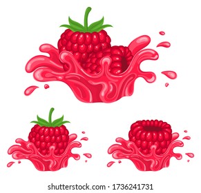 Set of fresh bright raspberry juice splash burst isolated on white background. Summer fruit juice. Cartoon style. Vector illustration for any design.
