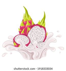 Un juego de jugo de pitaya rojo vivo y fresco se rompen en un fondo blanco. Zumo de fruta de verano. Estilo de caricatura. Ilustración vectorial para cualquier diseño.