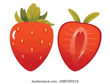 Set of fresh bright strawberries whole, half of strawberry and cut into slices. Isolated on white background.Cartoon style.