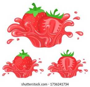 Set of fresh bright strawberry juice splash burst isolated on white background. Summer fruit juice. Cartoon style. Vector illustration for any design.