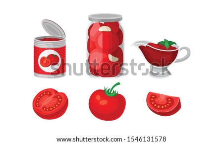 Set of fresh and canned tomatoes. Vector illustration on a white background.