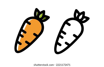 Set of fresh carrot in colorful and monochrome line art style. Natural vegetable with design elements isolated background. Cute vegetarian healthy food. Vector illustration