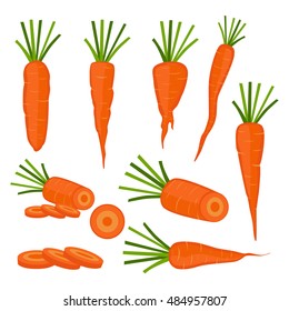 Set of fresh carrots  of various shapes with leaves and slices in white background.