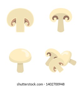 Set of fresh champignons isolated on white background. Mushroom icons for market, recipe design. Organic food. Cartoon style. Vector illustration for design.