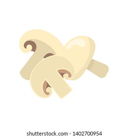 Set of fresh champignons isolated on white background. Mushroom icons for market, recipe design. Organic food. Cartoon style. Vector illustration for design.