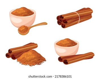 Set of fresh cinnamon in cartoon style. Vector illustration of cinnamon stick, powdered in bowl and plate on white background.