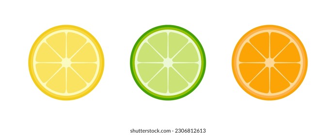 Conjunto de lima de cítricos frescos, limón y naranja. Rebanar frutas tropicales maduras. Ilustración del vector