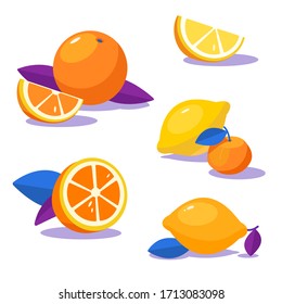 Conjunto de cítricos frescos. Naranjas y limones con hoja. Contraste gamma,gráficos planos para el diseño de paquetes,diseño web,souvenir