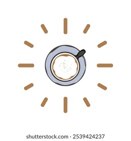 Set of fresh coffee drinks vector illustrations Roasted and ground, fragrant Cup of hot coffee, view from above clock hand graphics Isolated on white background. For designing food and drink menus