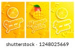 Set of fresh and cold lemon,mango,orange juices with drops from condensation on background, splashing and fruit slices for brand,logo and template,label,emblems,stores,packaging,advertising.Vector