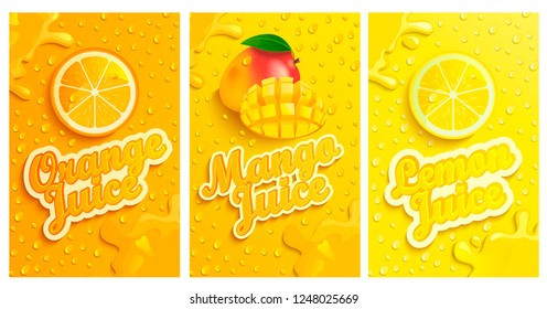 Set of fresh and cold lemon,mango,orange juices with drops from condensation on background, splashing and fruit slices for brand,logo and template,label,emblems,stores,packaging,advertising.Vector