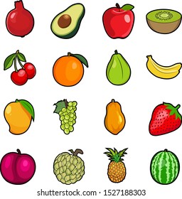 Set of Fresh colorful fruit: apple, pear, strawberry, orange, banana, watermelon, grapes, cherry, kiwi, lemon, mango, avocado, pomegranate, Cherry, papaya, Plum, custard apple Vector illustration