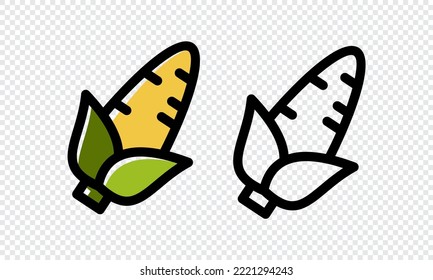 Set of fresh corn in colorful and monochrome line art style. Natural vegetable with design elements isolated background. Cute vegetarian healthy food. Vector illustration