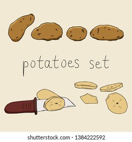 set of fresh crude and boiled, baked, steamed or stewed potatoes. clean potato cut with a knife.i solated vegetarian meal in hand drawn style. raw, healthy food.