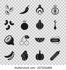 Set Fresh cucumber, Cabbage, green onions, Onion, Tomato, Beans,  and  icon. Vector