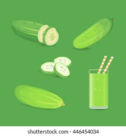 Set fresh cucumber, sliced and isolated vector illustration