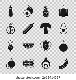 Set Fresh cucumber, Tomato, Avocado fruit, Pineapple, Eggplant and Mushroom icon. Vector
