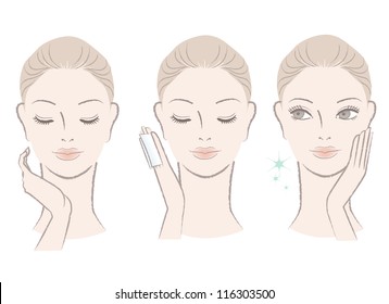 Set of fresh cute woman portrait. Applying facial lotion, touching her face. Moisturizing. Isolated on white.