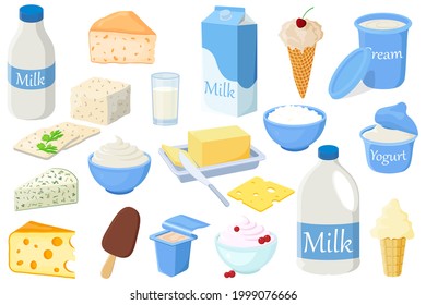 A set of fresh dairy products.Fresh milk,cheeses,yoghurts,butter, sour cream,cream, ice cream and cottage cheese.Illustrations in a hand-drawn style are isolated on a white background.