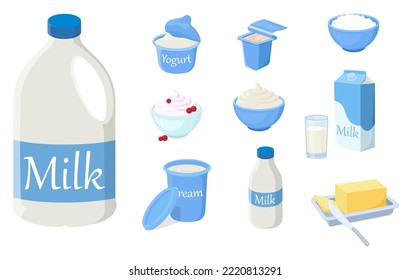 A set of fresh dairy products.Fresh milk,yoghurts,butter, sour cream,cream, ice cream .Illustrations in a hand-drawn style are isolated on a white background.