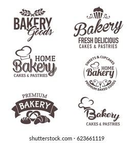 Set of fresh delicious cakes, pastries home bakery logos, labels, badges, stickers dark brown isolated with Chef Hat vector.