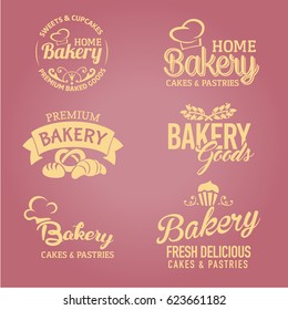 Set of fresh delicious cakes, pastries home bakery logos, labels, badges, stickers yellow isolated with Chef Hat vector.