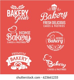 Set of fresh delicious cakes, pastries home bakery logos, labels, badges, stickers white on red background isolated with Chef Hat vector.