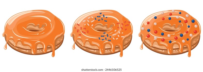 A set of fresh delicious donuts with glossy glaze and decorations for King's Day in the Netherlands. Orange sweets with sprinkles in the colors of the Dutch flag. Vector isolated image