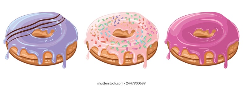 A set of fresh delicious donuts with glossy glaze and decorations. Pink, light pink and lilac. Vector isolated image. Delicious sweet pastries. Donut advertisement