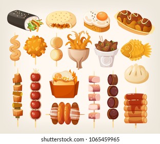 Set of fresh delicious fast foods from asian streets. Variety of snacks. Vector illustrations.