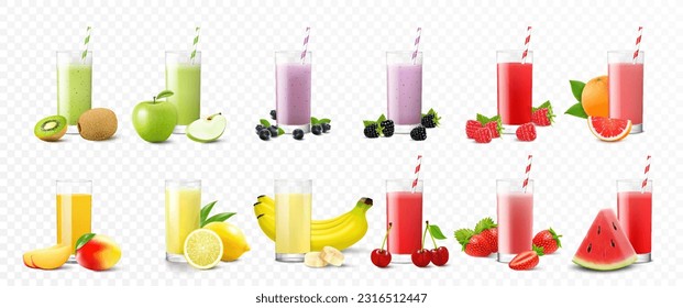 Set of fresh delicious smoothies in tall glass decorated with fruits and berries isolated on transparent background. Berry detox diet sweet concept. Realistic 3d vector