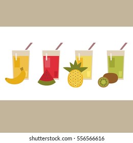 Set of fresh different juice tropical fruit. Vector collection healthy drink. 