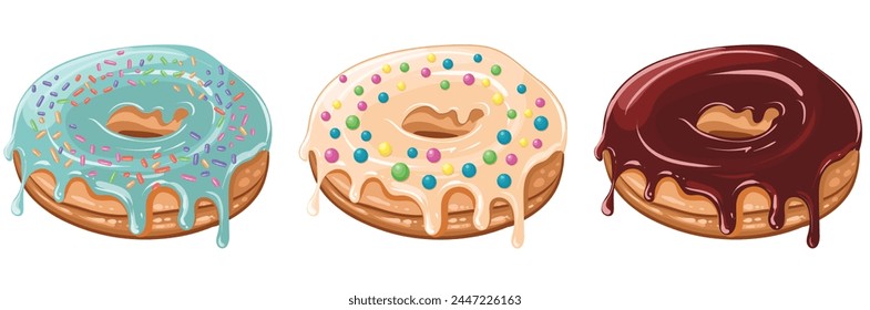 A set of fresh donuts with glossy white glaze and decorated with colorful sprinkles. Vector isolated image. Delicious sweet pastries. Donut advertisement