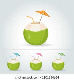 Set of Fresh drinking coconut with a straw, cocktail umbrella on white background Vector illustration